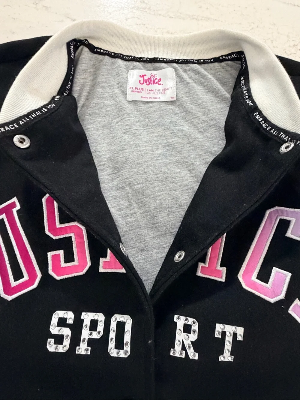 Justice Girls Varsity Bomber Jacket Black White Pink Spellout Y2K Size XL Plus
